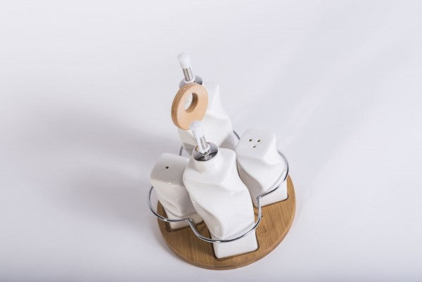Oil, Vinegar, Salt and Pepper shakers on a Bamboo stand | A World of Bamboo